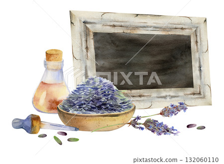 Lavender seeds heaped in terracotta bowl, essential oil glass bottle with pipette dropper, blank sign frame for text. Isolated illustration hand drawn in watercolor. Custom packaging, spa herb decor. 132060110