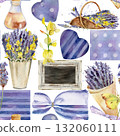 Chalkboard sign in rustic frame, lavender Spanish broom trug basket, sachet bags, linen pieces and hearts with stripes, dots, essential oil vial. Hand drawn in watercolor, patchwork seamless pattern. 132060111
