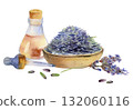 Lavender seed pile in handmade pottery bowl, essential oil essence glass bottle, pipette dropper, lavandula flower stems. Isolated illustration hand drawn in watercolor. Aromatherapy, herbal craft. 132060116