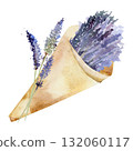 Lavender bouquet wrapped in rustic kraft paper cone, single lavandula flower stalks in loose style. Isolated illustration hand drawn in watercolor. Floral packaging, wedding favors, farmers market. 132060117