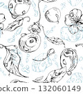 Sweet sour cherry cerise flying in water, ice cubes splashes drops, watercolor hand drawn, red berry leaves white flowers. Seamless pattern tile illustration. Restaurant dessert menu, farmers market 132060149