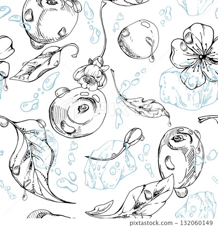 Sweet sour cherry cerise flying in water, ice cubes splashes drops, watercolor hand drawn, red berry leaves white flowers. Seamless pattern tile illustration. Restaurant dessert menu, farmers market Sweet sour cherry cerise flying in water, ice cubes splashes drops, watercolor hand drawn, red berry leaves white flowers. Seamless pattern tile illustration. Restaurant dessert menu, farmers market 132060149