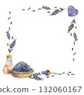 Lavender seeds heap, flower stalks, glass vial with cork stopper, dropper pipette. Corner square frame isolated illustration hand drawn in watercolor. Natural skincare, perfume sampling, aromatherapy 132060167