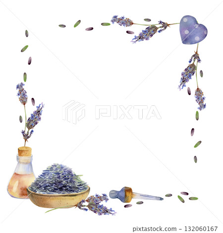Lavender seeds heap, flower stalks, glass vial with cork stopper, dropper pipette. Corner square frame isolated illustration hand drawn in watercolor. Natural skincare, perfume sampling, aromatherapy Lavender seeds heap, flower stalks, glass vial with cork stopper, dropper pipette. Corner square frame isolated illustration hand drawn in watercolor. Natural skincare, perfume sampling, aromatherapy 132060167