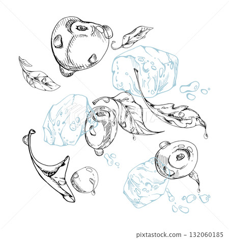 Sweet sour cherry cerise flying in water splashes drops, ice cubes hand drawn vector ink, ripe line garden berry and leaves. Isolated illustration. Restaurant cafe menu, farmers market, wedding Sweet sour cherry cerise flying in water splashes drops, ice cubes hand drawn vector ink, ripe line garden berry and leaves. Isolated illustration. Restaurant cafe menu, farmers market, wedding 132060185