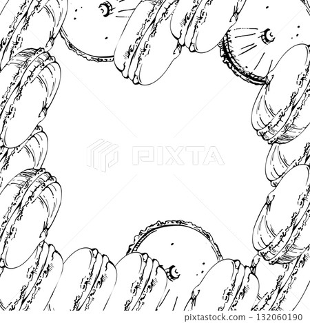 Cream-filled whoopie pies in a neat row, French macarons and puffy donut buns. Isolated illustration hand drawn in vector ink. Dessert label borders, event menu edging, buffet invite corners. Cream-filled whoopie pies in a neat row, French macarons and puffy donut buns. Isolated illustration hand drawn in vector ink. Dessert label borders, event menu edging, buffet invite corners. 132060190
