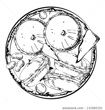 Chocolate crumbles, candy dragees, macarons, and sandwich buns on clay plate in vector ink. Isolated hand drawn artwork. event menus, recipe visuals, food wrap patterns, editorial illustrations. 132060191
