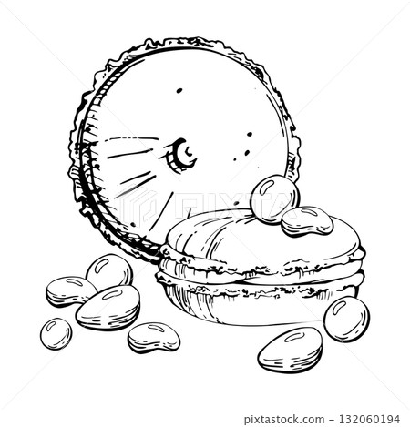 Whoopie pies, sandwich cakes and airy macarons with sweet candy dragees. Isolated hand drawn vector ink illustration. Festive food tags, cafe dessert bundles, recipe visuals, bakery sticker designs. Whoopie pies, sandwich cakes and airy macarons with sweet candy dragees. Isolated hand drawn vector ink illustration. Festive food tags, cafe dessert bundles, recipe visuals, bakery sticker designs. 132060194