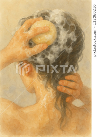 Washing hair and foam｜Natural handmade hair washing scene watercolor painting 132060210