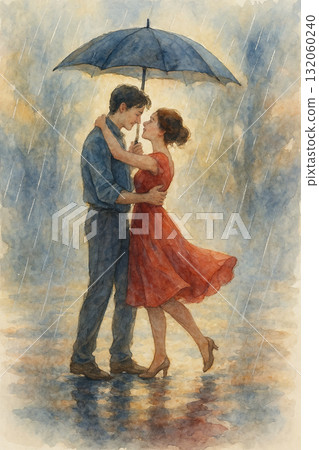 雨中相擁的戀人 | 浪漫水彩畫 溫暖的愛瞬間 132060240