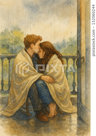 雨中相擁的戀人｜水彩畫風的愛情劇，兩人各自穿著衣服的溫馨時光 132060244