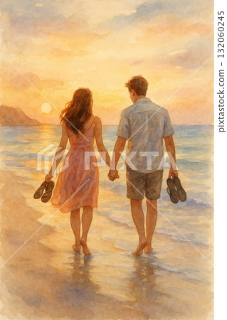 水彩情侶海邊夕陽散步插畫 溫柔浪漫氛圍 愛情主題繪畫 132060245