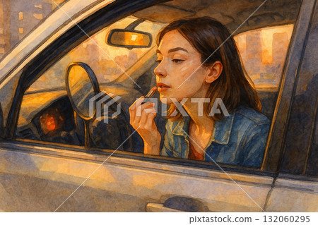 夕陽下的時光變遷 | 水彩女性畫車內 夕陽下的時光變遷 | 水彩女性畫車內 132060295