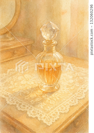 復古香水瓶與蕾絲布｜溫暖柔和的陽光與荒涼水彩畫 132060296