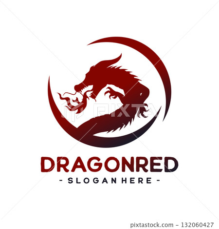 Vector dragon logo design in red circular silhouette style. Strong and powerful mythical creature emblem. Vector dragon logo design in red circular silhouette style. Strong and powerful mythical creature emblem. 132060427