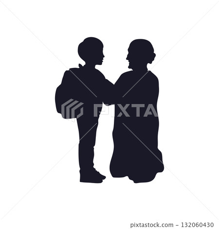 Vector silhouette illustration of an elderly person interacting with a child carrying a backpack. Symbol of family bonding, education, care, and intergenerational connection 132060430