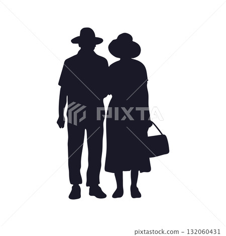 Vector silhouette of an elderly couple walking together. Symbol of love, companionship, and lifelong partnership 132060431