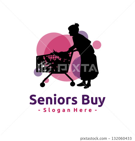 Grandma shopping logo vector. Elderly woman shopping with a cart, featuring modern geometric background shapes in purple and pink. 132060433
