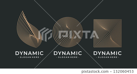 Set of premium geometric with lines. Abstract line art Logotype concept icon. Simple dynamic linear design element with leaf, round, and square shape. 132060453