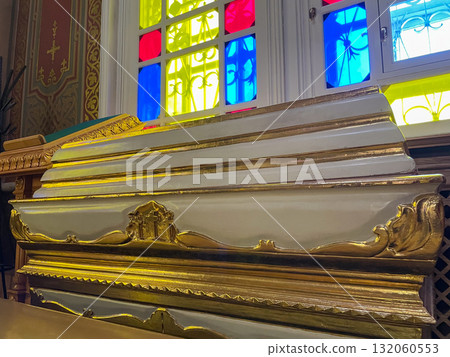 Ornate White and Gold Coffin in Church Ornate White and Gold Coffin in Church 132060553