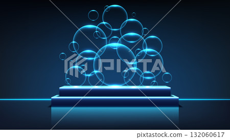futuristic neon blue podium glowing bubbles technology background 3d showcase for product display mockup digital design concept innovation studio composition futuristic neon blue podium glowing bubbles technology background 3d showcase for product display mockup digital design concept innovation studio composition 132060617