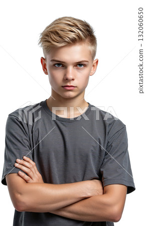 Serious Boy Portrait Blonde boy in grey T-shirt with sad expression, facing camera, isolated on white, soft moody lighting. 132060650