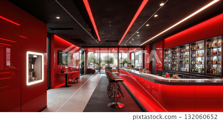 Tech-enabled home bar in ruby red, with smart drink dispensers that create cocktails based on user preferences, and AI-powered wine 132060652