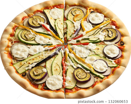 Roasted Veggie Pizza A pizza topped with a mix of roasted vegetables such as zucchini, eggplant, bell peppers, onions, 132060653