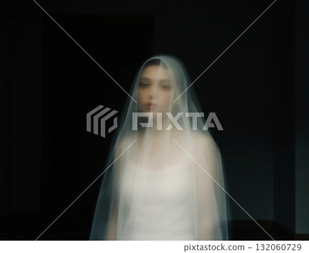 In a shadowy, deserted setting, a blurry figure draped in a veil stands quietly, creating a chilling atmosphere filled with mystery and intrigue Generative AI 132060729