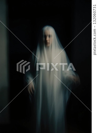 A ghostly figure draped in a sheer white veil stands eerily in a dimly lit room, emanating an unsettling presence that captivates and terrifies Generative AI 132060731