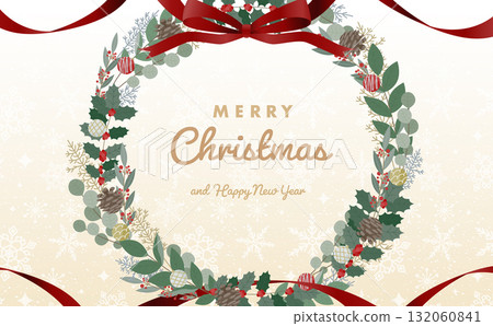 A gorgeous, realistic, natural frame perfect for cards featuring Christmas wreaths, ribbons, and snowflakes A gorgeous, realistic, natural frame perfect for cards featuring Christmas wreaths, ribbons, and snowflakes 132060841