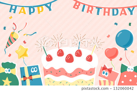 可愛多彩的生日背景框架：非常適合卡片、橫幅、生日蛋糕、兒童、普普藝術等。 132060842