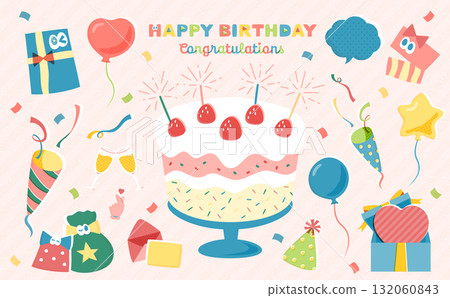 Vector illustrations of birthday cakes, presents, balloons, crackers, and Happy Birthday letters 132060843