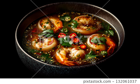 Shrimp Soup with Fresh Herbs and Chili Peppers in Dark Textured Bowl Shrimp Soup with Fresh Herbs and Chili Peppers in Dark Textured Bowl 132061037