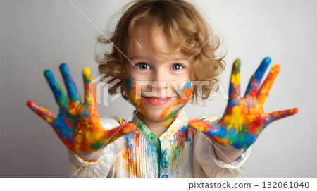Smiling Child with Curly Hair and Paint-Covered Hands in White Shirt on Gray Background Smiling Child with Curly Hair and Paint-Covered Hands in White Shirt on Gray Background 132061040