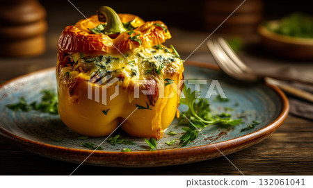Stuffed Yellow Bell Pepper with Cheese, Spinach, and Parsley on Ceramic Plate Stuffed Yellow Bell Pepper with Cheese, Spinach, and Parsley on Ceramic Plate 132061041