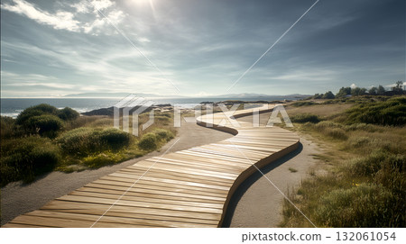 Winding Wooden Boardwalk Through Coastal Dunes Toward Ocean Horizon 132061054