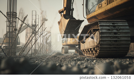 Excavators and Rebar at Active Construction Site with Dusty Atmosphere 132061058