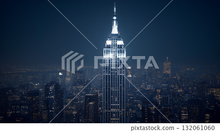 Empire State Building Illuminated at Night with City Lights and Urban Horizon 132061060