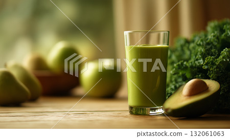 Green Smoothie with Avocado, Kale, Apples, and Pears on Wooden Surface 132061063