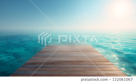 Wooden Dock Extending into Turquoise Ocean Under Clear Blue Sky 132061067
