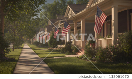 Suburban Homes with American Flags and Sunlit Porches on a Clear Day 132061070