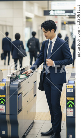 Male business person passing through a ticket gate with an IC card 132061113