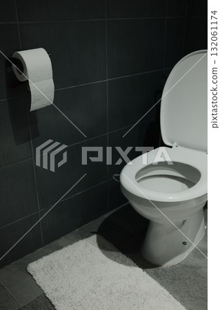 Simple bathroom corner with white toilet, toilet paper, and soft rug on tiled floor. Ideal for real estate or hygiene themed visuals Simple bathroom corner with white toilet, toilet paper, and soft rug on tiled floor. Ideal for real estate or hygiene themed visuals 132061174