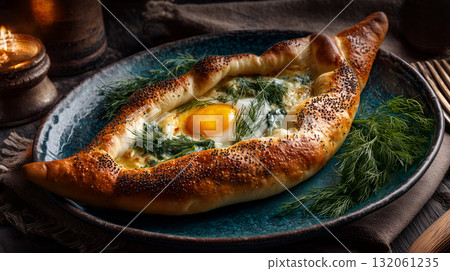 Georgian Khachapuri with Baked Egg, Cheese, Dill, and Poppy Seed Crust in Rustic Candlelit Setting 132061235