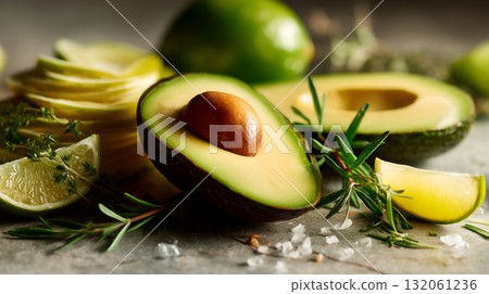 Fresh Avocado with Lime, Potatoes, Rosemary, Thyme, and Sea Salt on Textured Surface 132061236