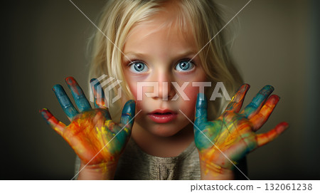 Blonde Child with Painted Hands and Curious Expression in Creative Art Moment 132061238