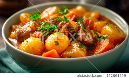 Beef Stew with Baby Potatoes, Carrots, and Parsley in Rich Tomato-Based Broth 132061239