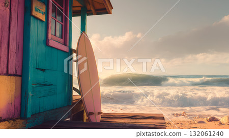 Colorful Surf Shack with White Surfboard on Sandy Beach at Sunrise or Sunset 132061240