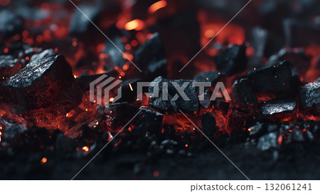 Glowing Embers and Charcoal Pieces with Sparks and Heat Textures in Fiery Close-Up 132061241